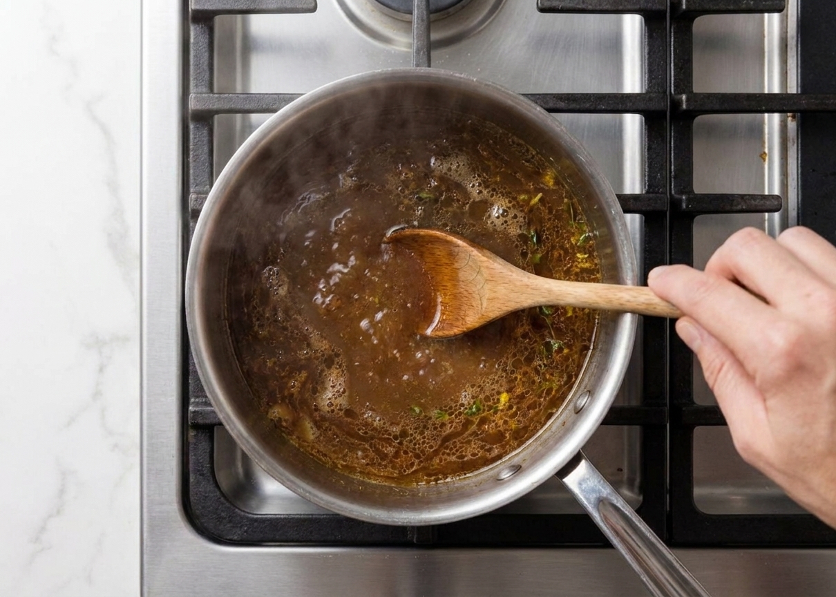 Chicken broth simmering with browned drippings in a small saucepan as a wooden spoon stirs