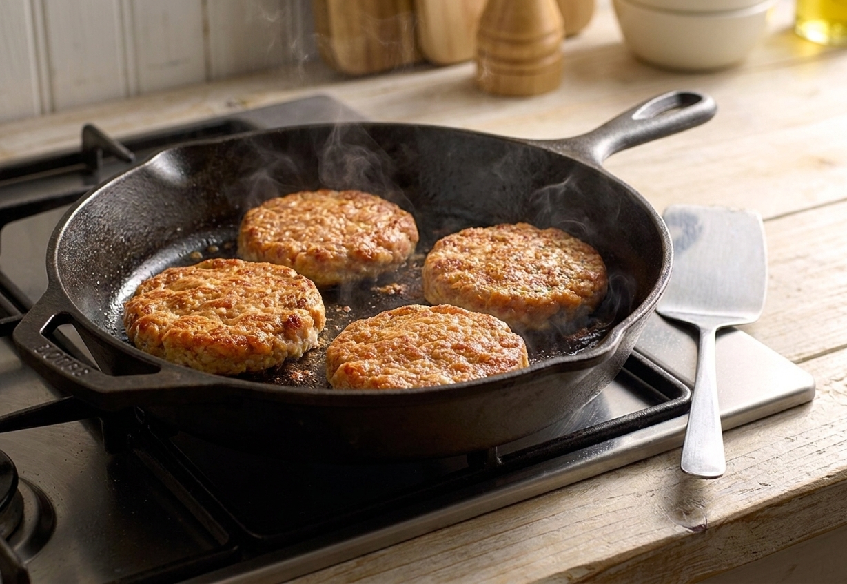 Chicken burger patties searing in a cast iron skillet with browned edges forming, a thin spatula resting nearby on a stovetop under warm kitchen lighting