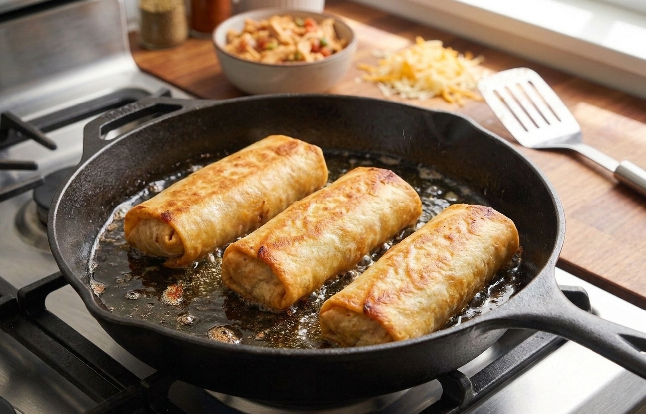 Chicken chimichangas frying seam-side down in a skillet with bubbling oil on a stovetop