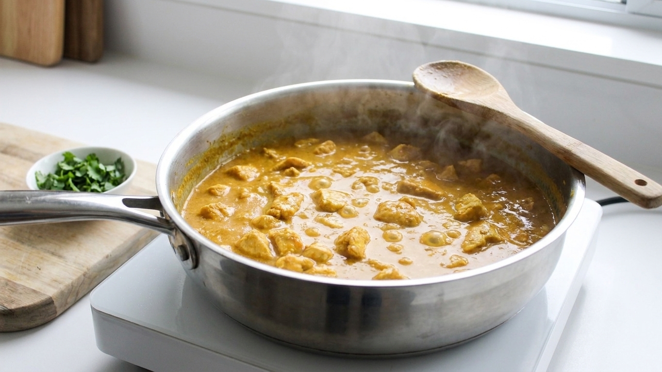 Chicken curry gently simmering in a deep skillet on a stovetop with a wooden spoon resting on the rim