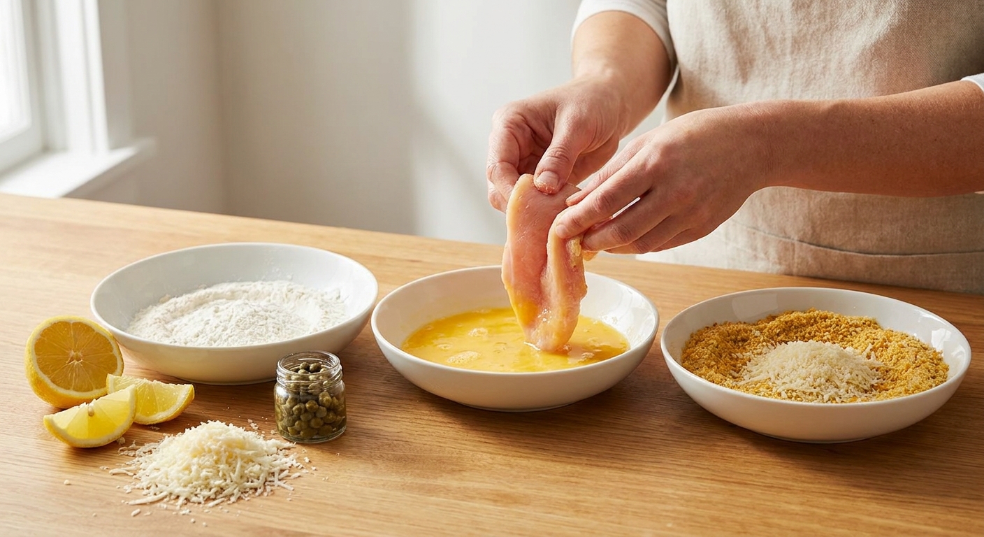 Chicken cutlet breading setup on a kitchen counter with bowls of flour, beaten eggs, breadcrumbs, lemon, capers, and grated Parmesan