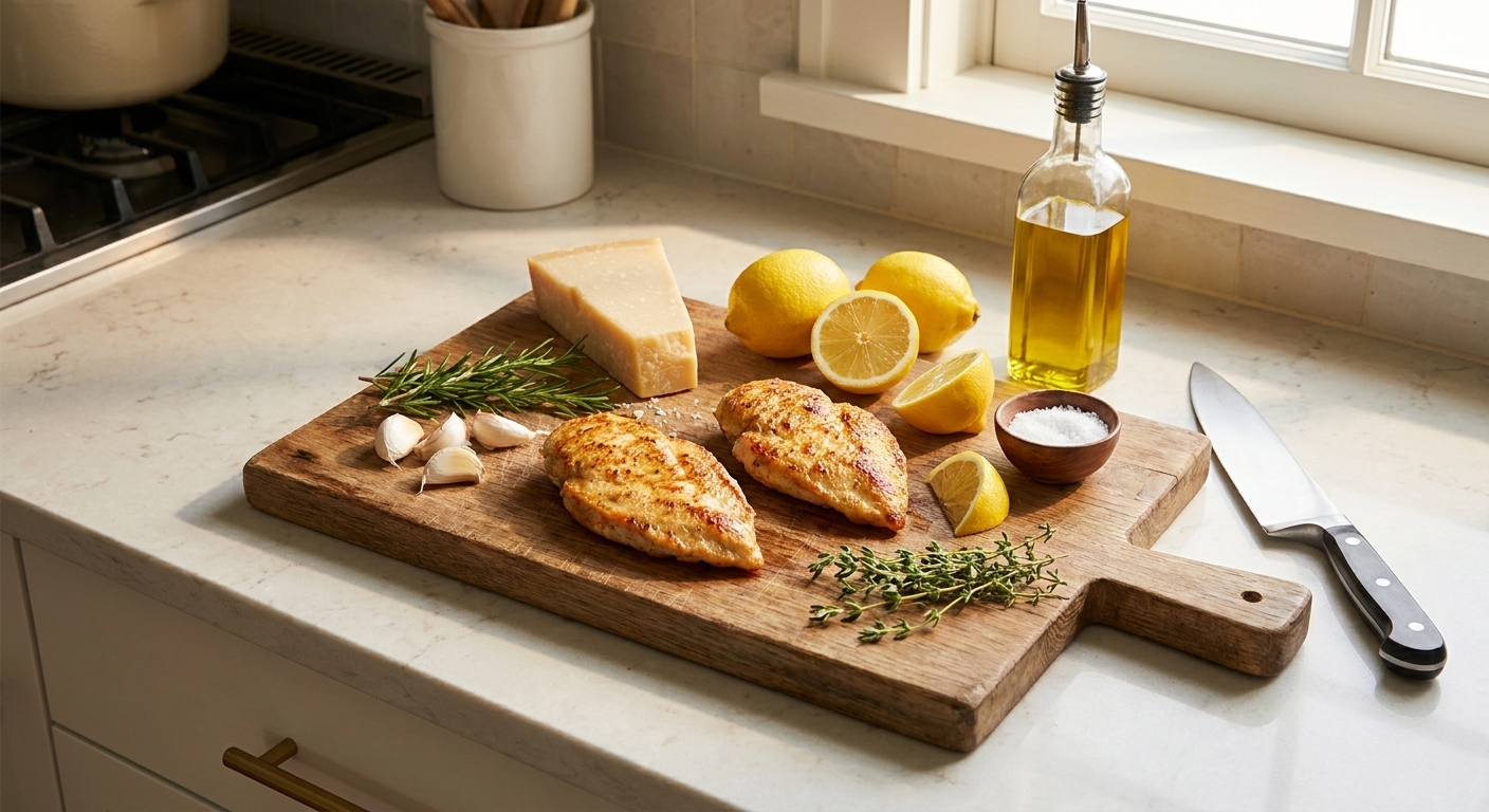 Chicken cutlets, a wedge of Parmesan, lemons, garlic, and herbs arranged on a clean kitchen counter with a cutting board