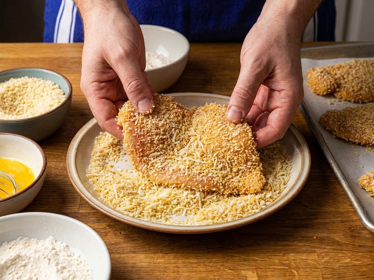 Chicken cutlets being coated in panko breadcrumbs mixed with Parmesan in a shallow dish on a kitchen counter