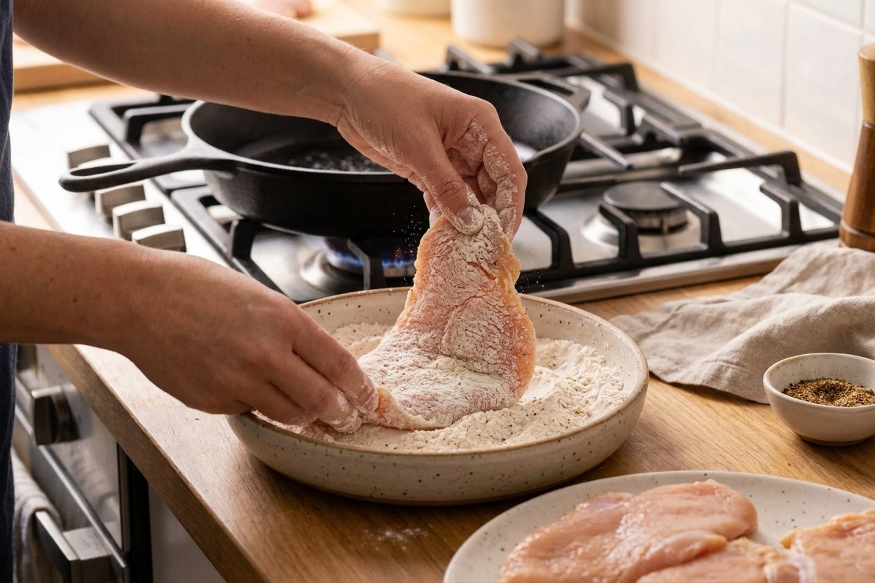 Chicken cutlets being dredged in seasoned flour in a shallow bowl on a kitchen counter, with a skillet heating on the stove
