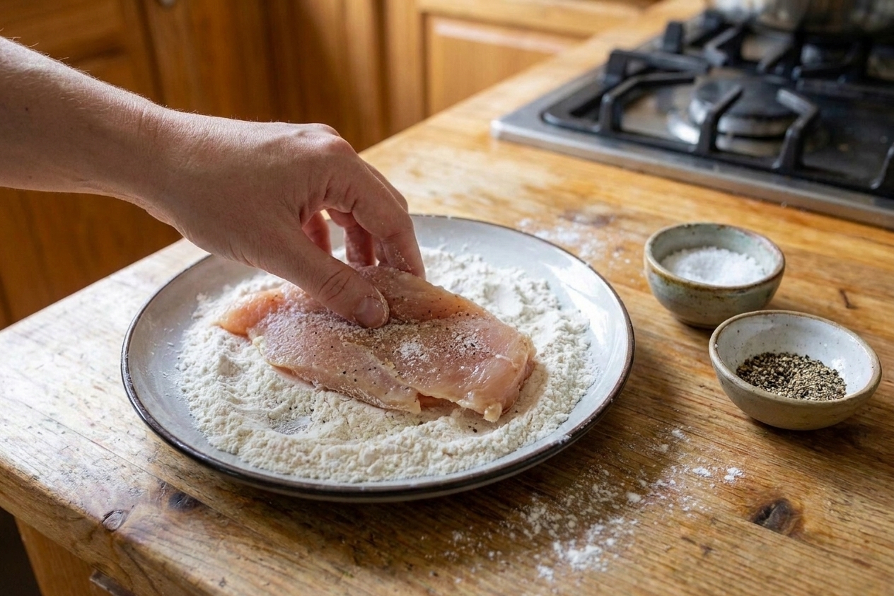 Chicken cutlets being lightly dredged in flour on a shallow plate next to small bowls of salt and pepper on a kitchen counter