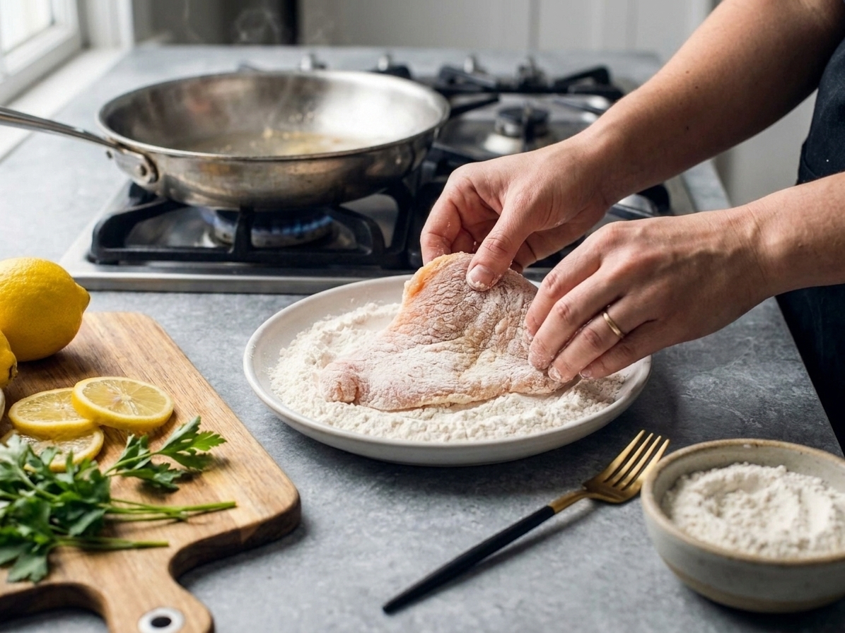 Chicken cutlets being lightly dredged in flour on a shallow plate on a home kitchen counter, with a skillet heating on the stove