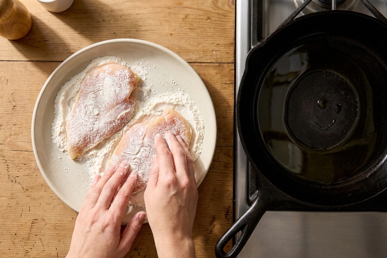 Chicken cutlets being lightly dredged in gluten-free flour on a shallow plate next to a skillet on a home kitchen counter