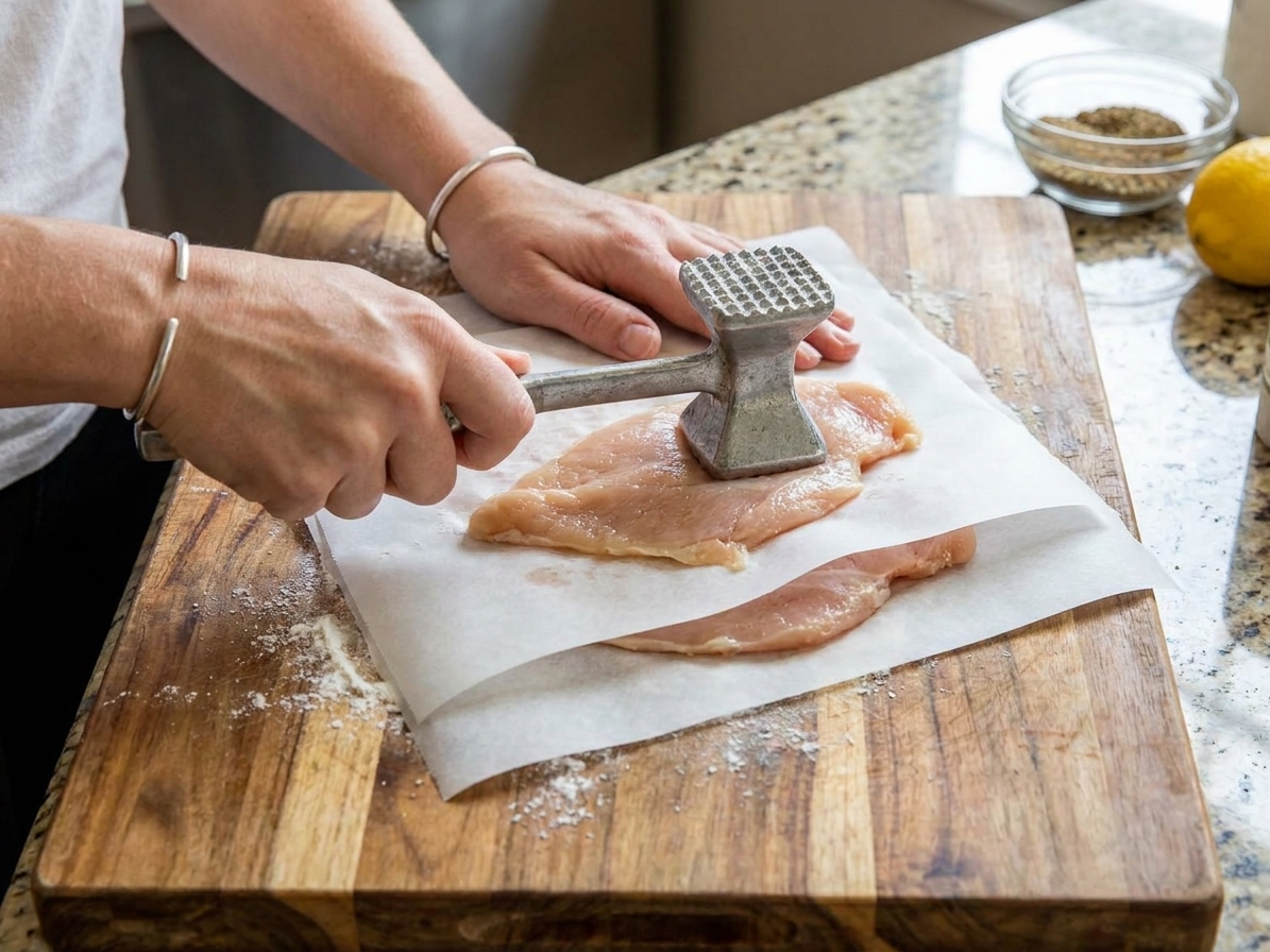 Chicken cutlets being pounded between parchment paper on a wooden cutting board to an even thickness