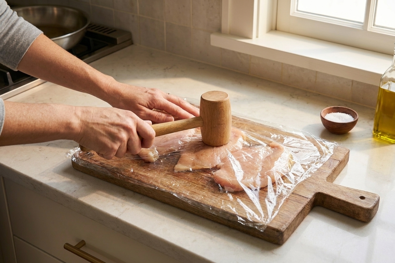 Chicken cutlets being pounded to an even thickness under plastic wrap on a cutting board