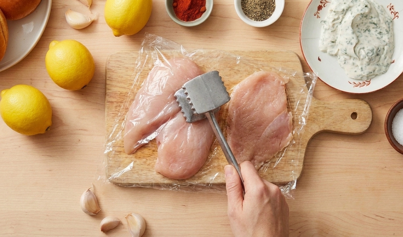 Chicken cutlets being pounded to an even thickness on a cutting board with plastic wrap and a meat mallet in a home kitchen