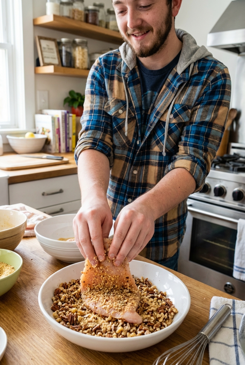 Chicken cutlets being pressed into a bowl of chopped nuts and breadcrumbs on a kitchen counter