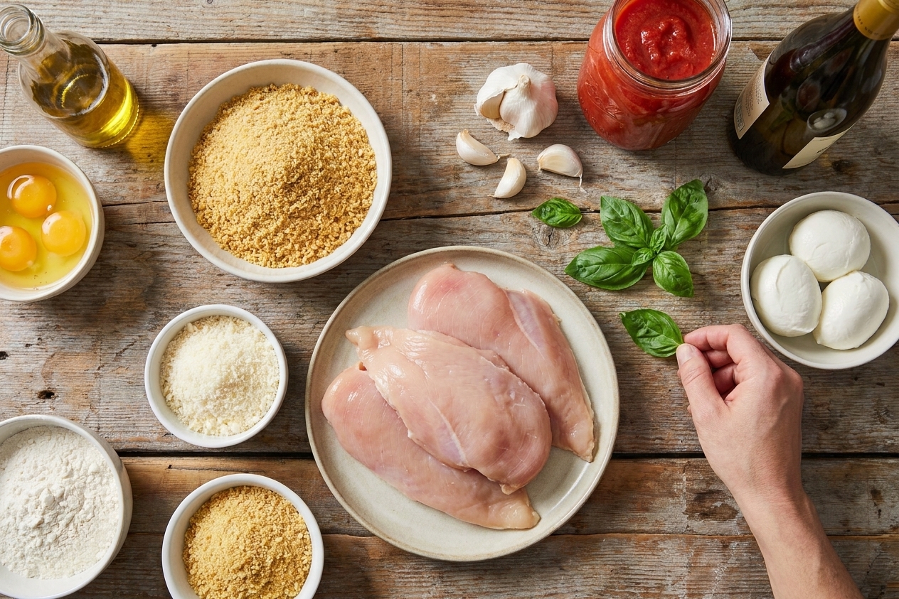Chicken cutlets, breadcrumbs, Parmesan, eggs, flour, mozzarella, crushed tomatoes, garlic, basil, and olive oil arranged on a clean kitchen counter