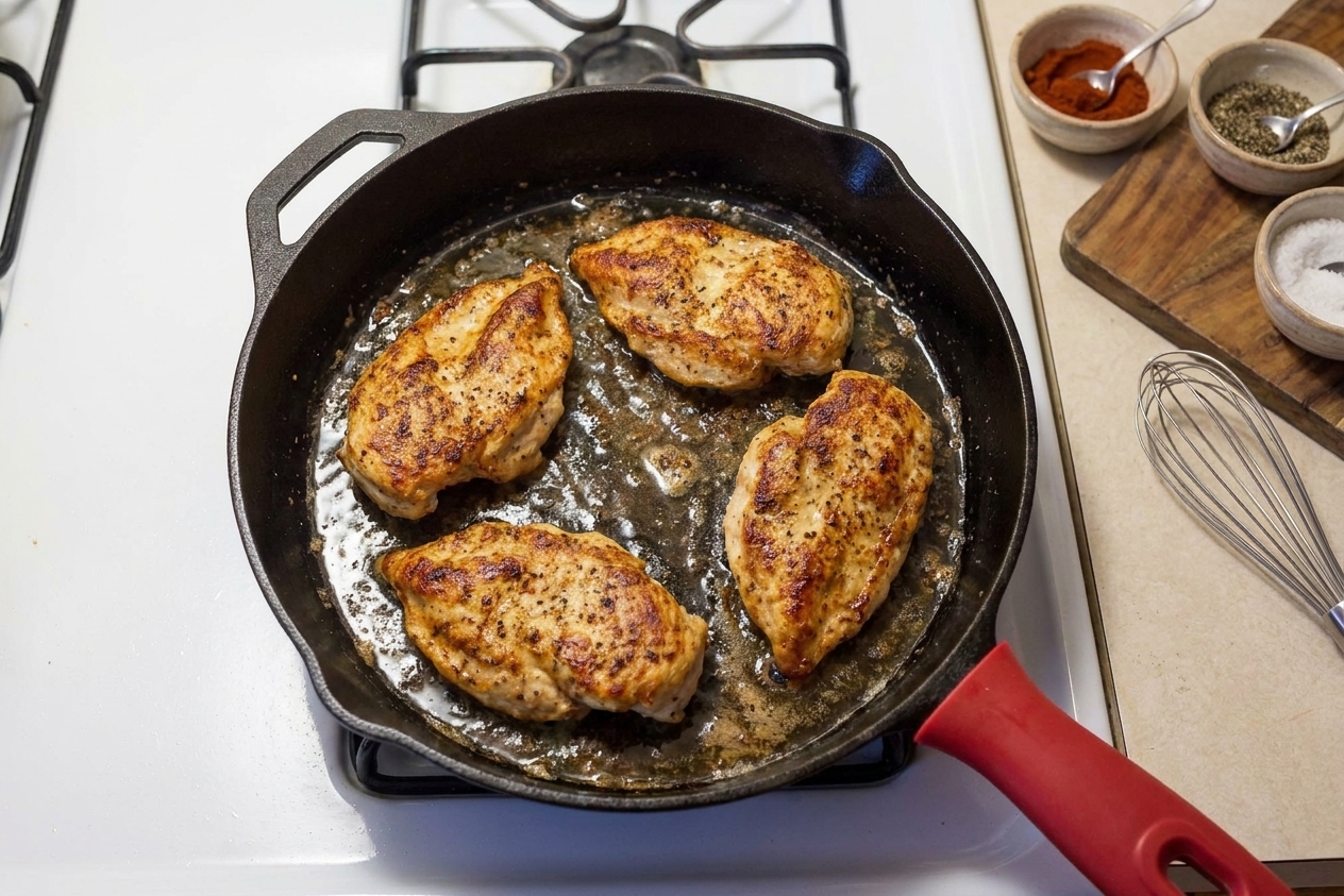 Chicken cutlets browning in a cast iron skillet with crisp golden edges on a stovetop