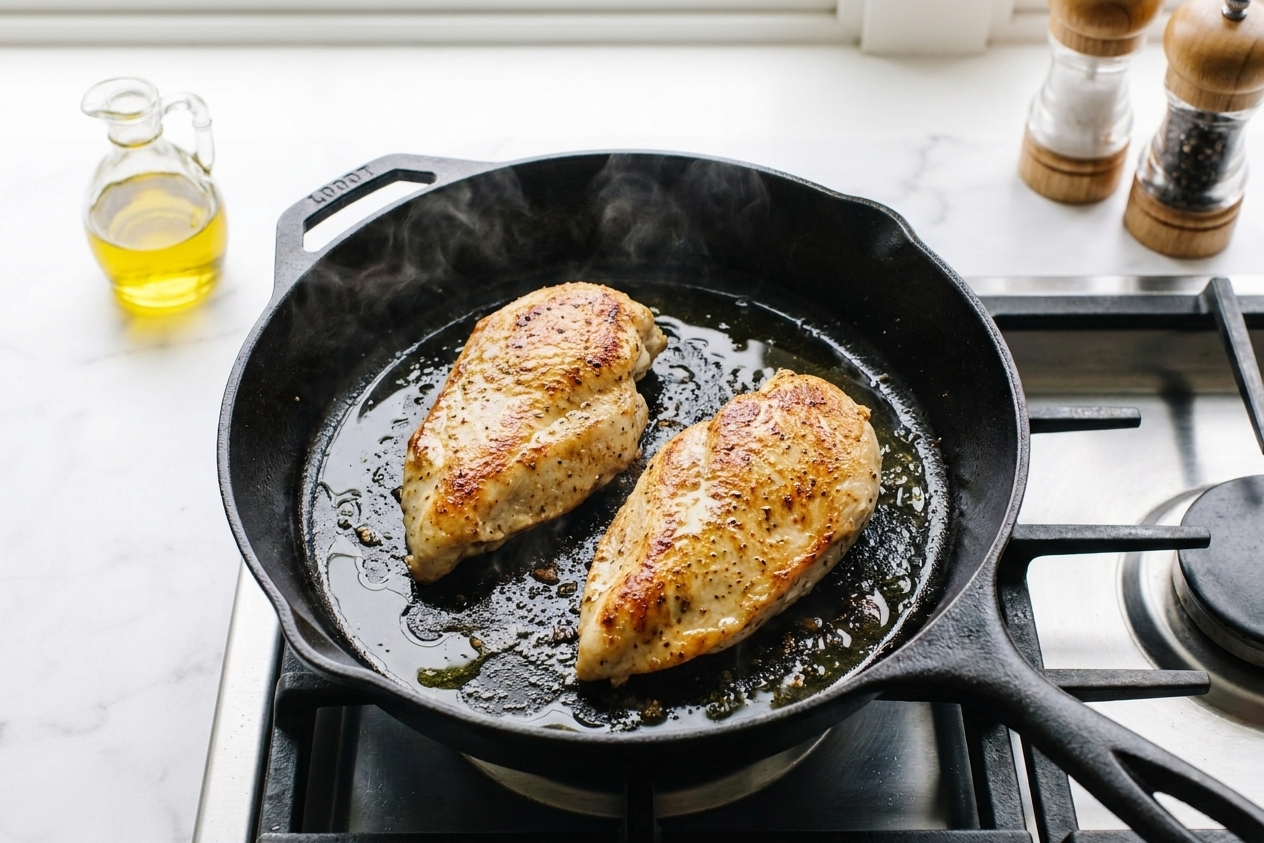 Chicken cutlets browning in a hot skillet with a thin sheen of olive oil on a stovetop