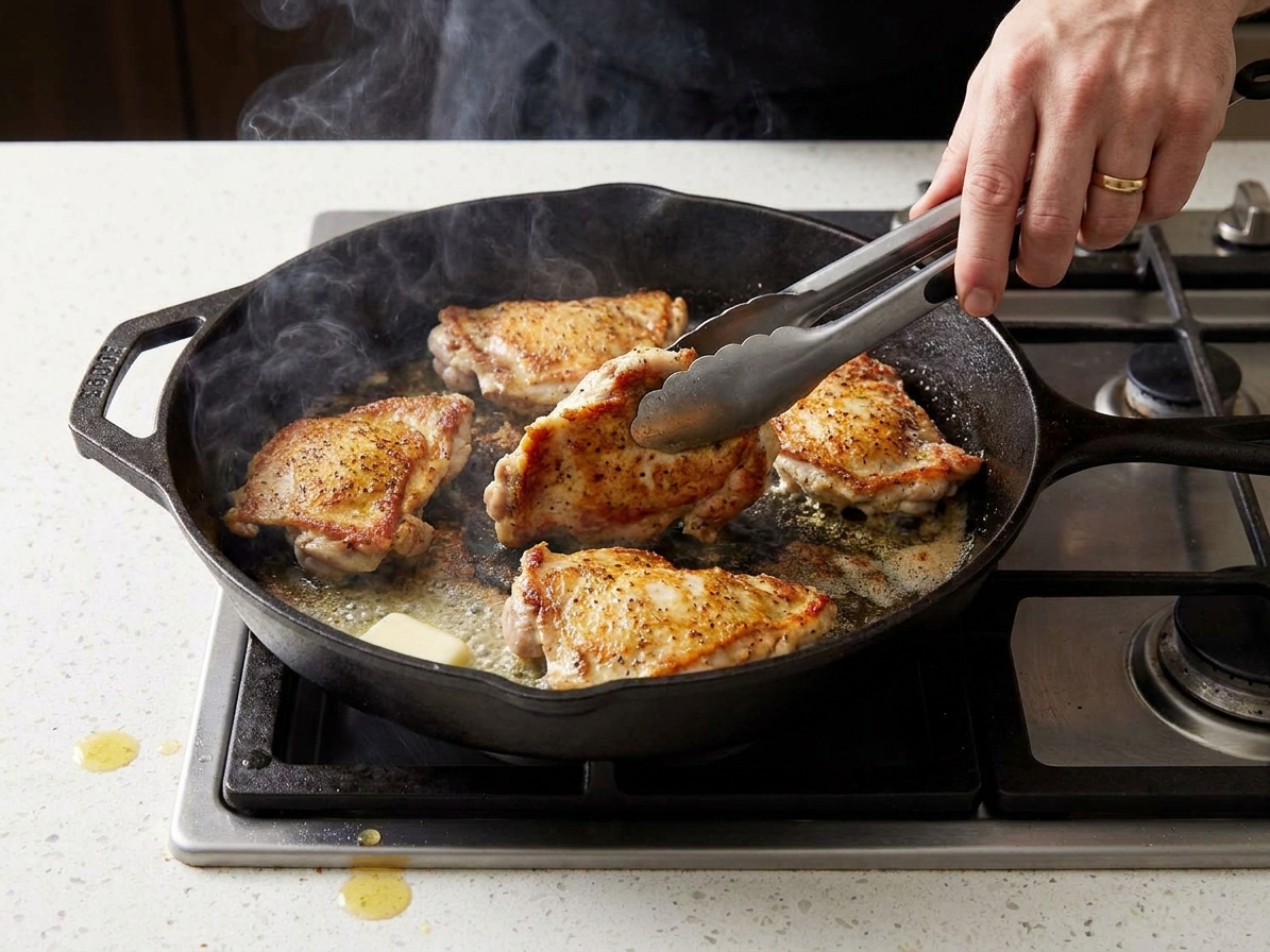 Chicken cutlets browning in a hot skillet with butter and oil, with golden edges forming as they sear