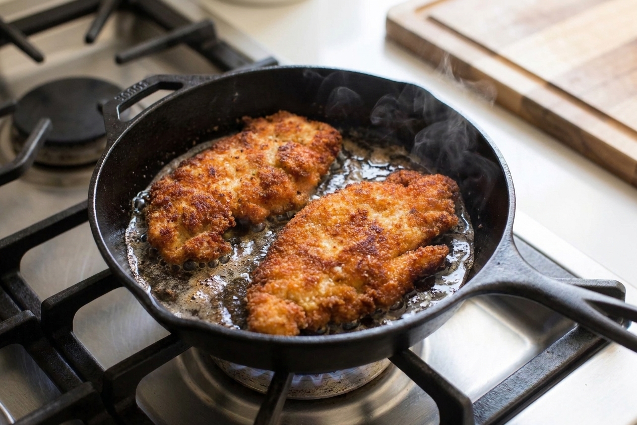 Chicken cutlets browning in a hot skillet with crisp golden edges