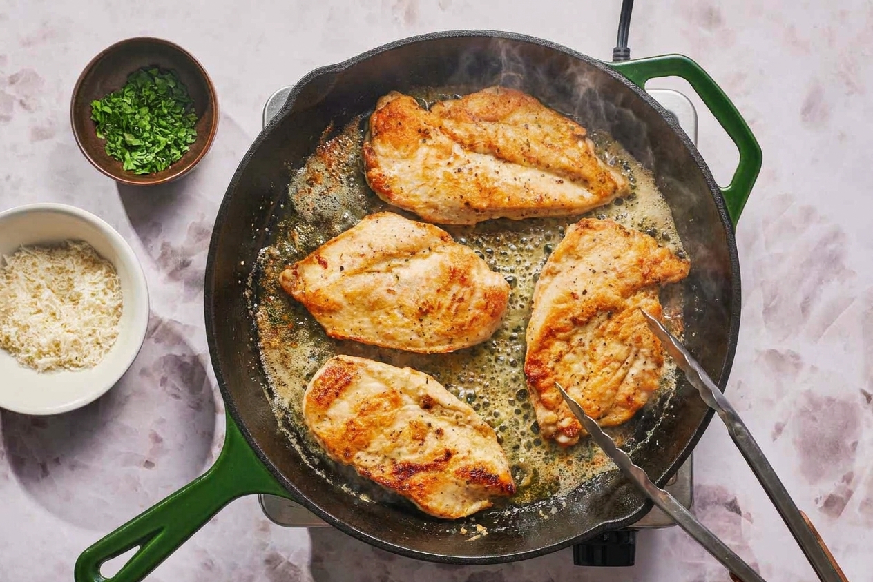 Chicken cutlets browning in a hot skillet with sizzling butter and oil on a stovetop, with tongs resting on the pan edge