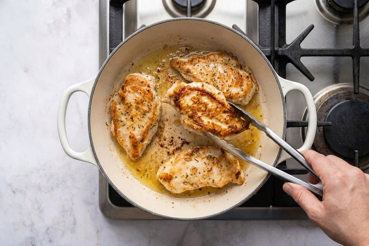 Chicken cutlets browning in a hot skillet with visible golden edges