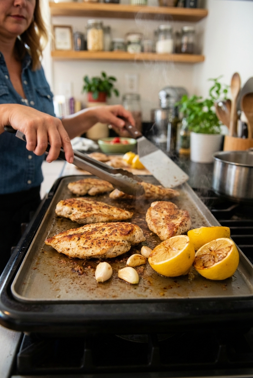 Chicken cutlets browning on a flat top griddle with lemon halves and garlic nearby