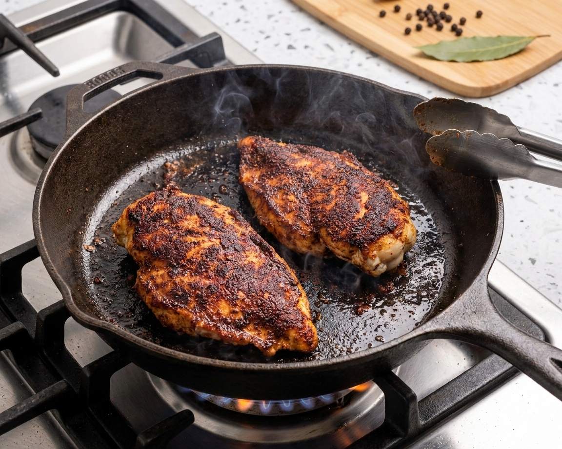 Chicken cutlets coated in blackening seasoning searing in a cast iron skillet on a stovetop with visible browned edges