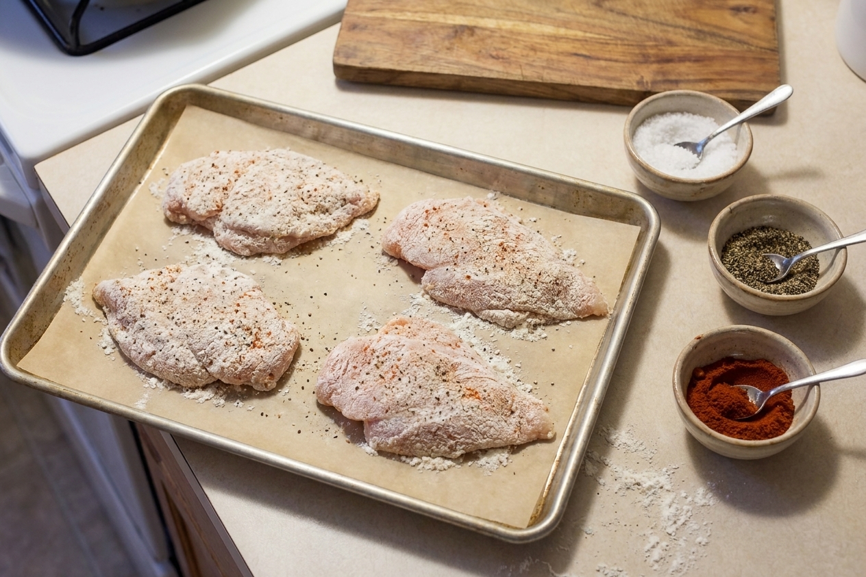 Chicken cutlets coated in seasoned flour on a parchment-lined sheet pan next to small bowls of salt, pepper, and paprika on a kitchen counter