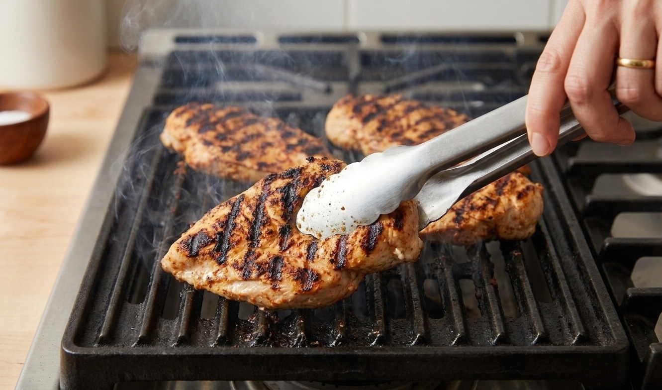 Chicken cutlets cooking on hot grill grates with visible char marks and a pair of metal tongs turning one piece
