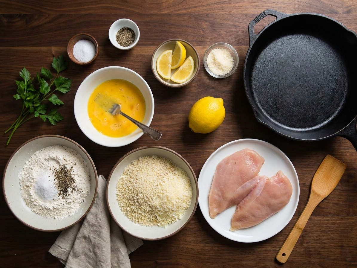 Chicken cutlets, flour, eggs, panko, Parmesan, lemon, and seasonings arranged on a clean kitchen counter with a skillet nearby