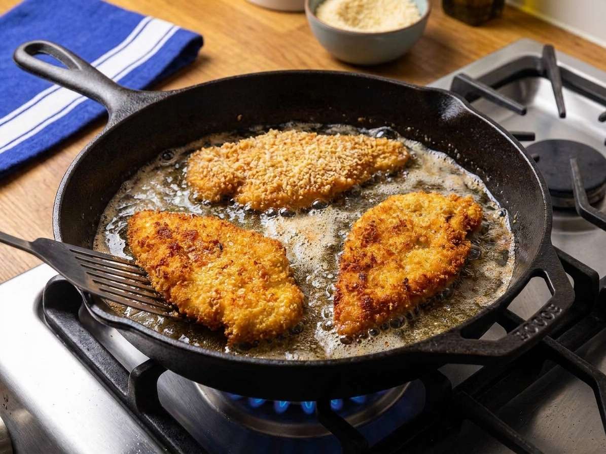 Chicken cutlets frying in a hot skillet with bubbling oil, edges turning golden brown