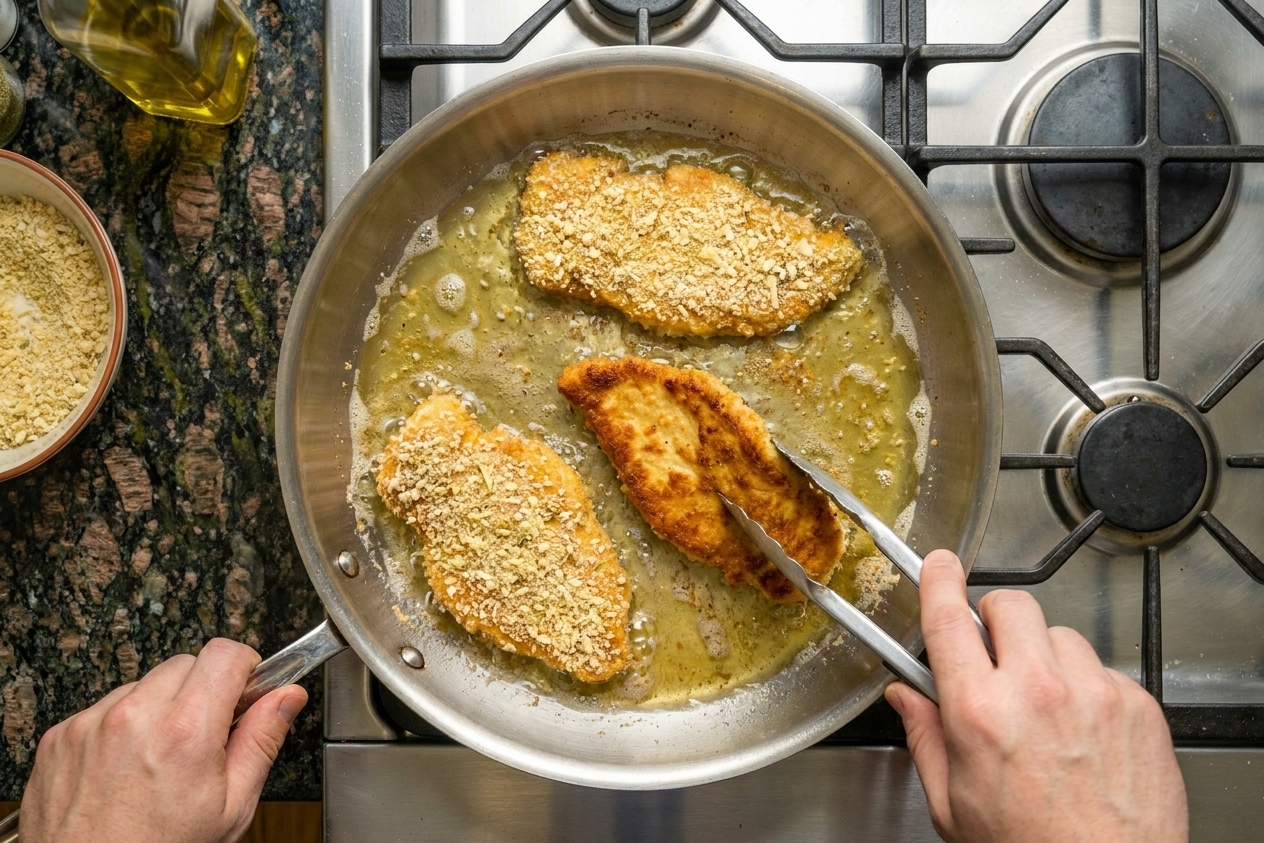 Chicken cutlets frying in a skillet in a shallow layer of oil, with a golden crust forming at the edges