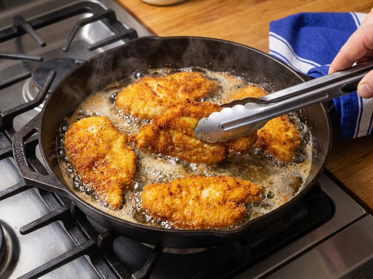 Chicken cutlets frying in a skillet with bubbling oil on a home stove, golden crust forming on the edges