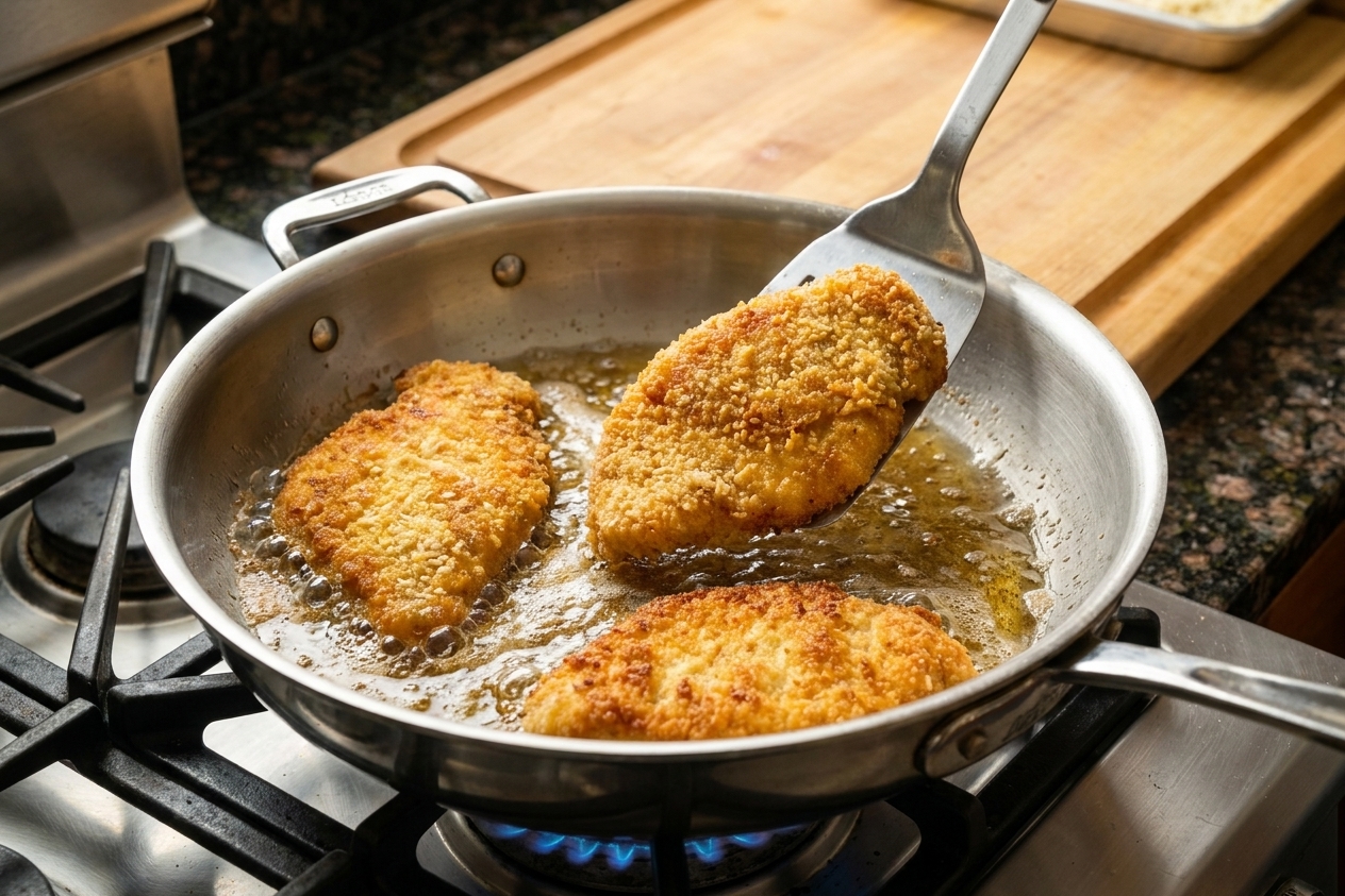 Chicken cutlets frying in a stainless steel skillet with bubbling oil and a golden crust forming on the edges on a home kitchen stove