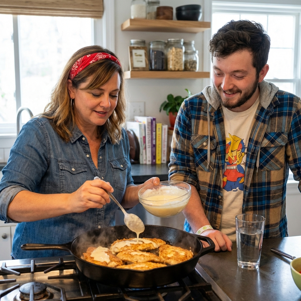 Chicken cutlets in a skillet being spooned with silky lemon yogurt sauce