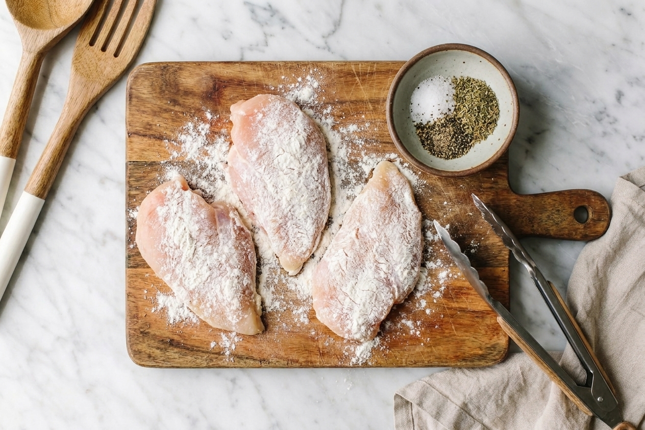 Chicken cutlets lightly dredged in flour on a cutting board next to a small bowl of seasoning and a pair of tongs