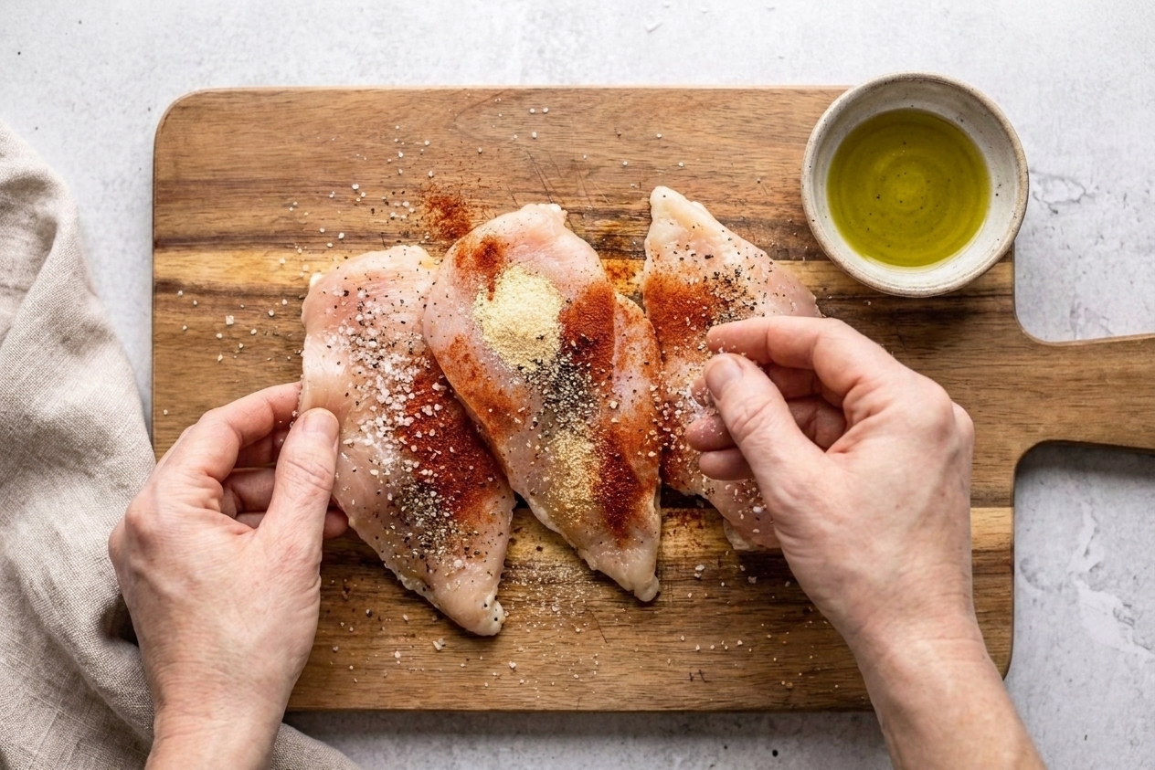 Chicken cutlets on a cutting board being sprinkled with salt, paprika, garlic powder, and black pepper beside a small bowl of olive oil on a kitchen counter