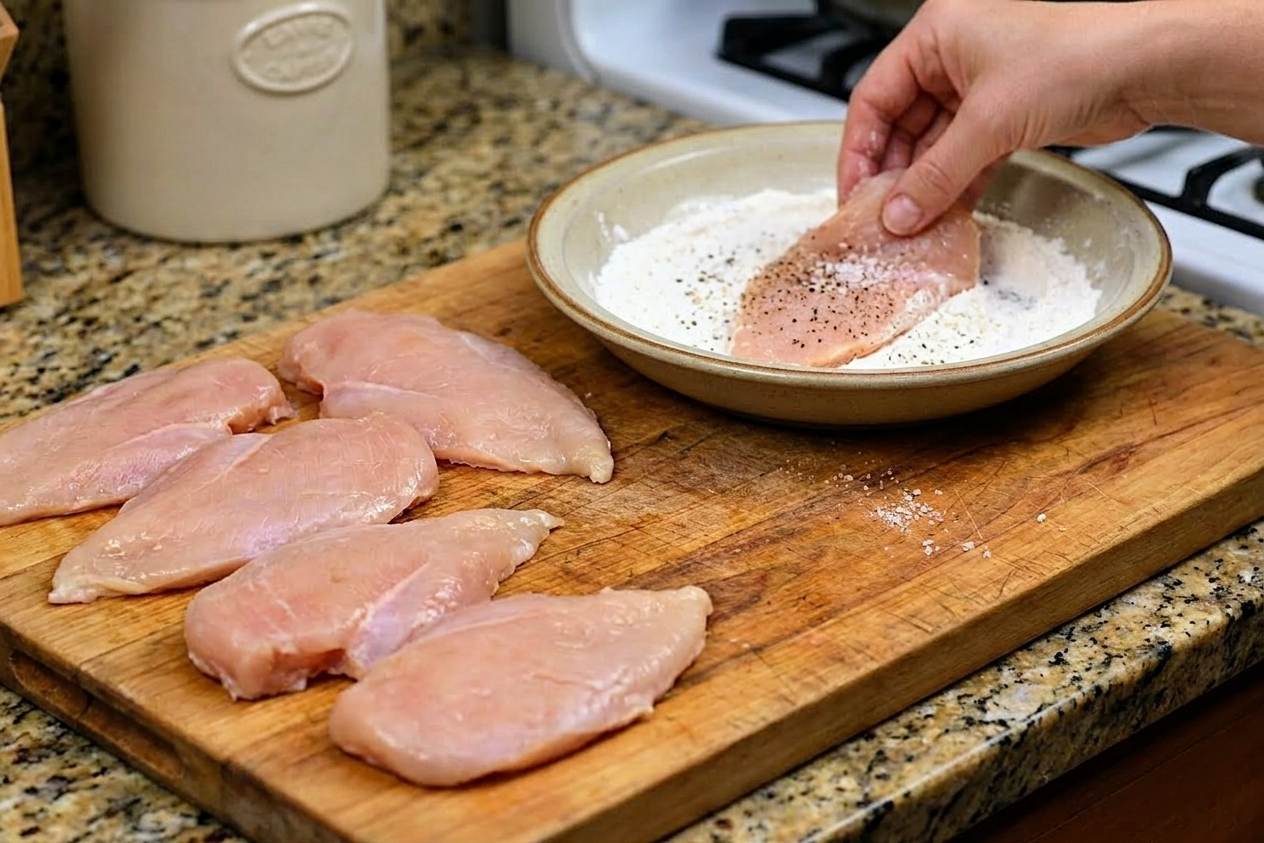 Chicken cutlets on a cutting board beside a shallow bowl of flour with salt and pepper, ready to dredge on a kitchen counter