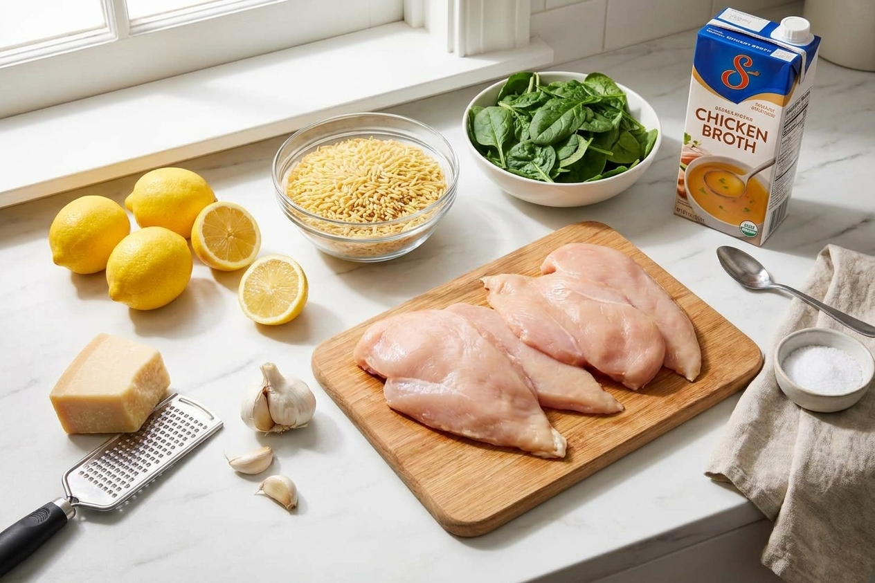 Chicken cutlets, orzo, lemons, garlic, parmesan, spinach, and a carton of broth arranged on a bright kitchen counter