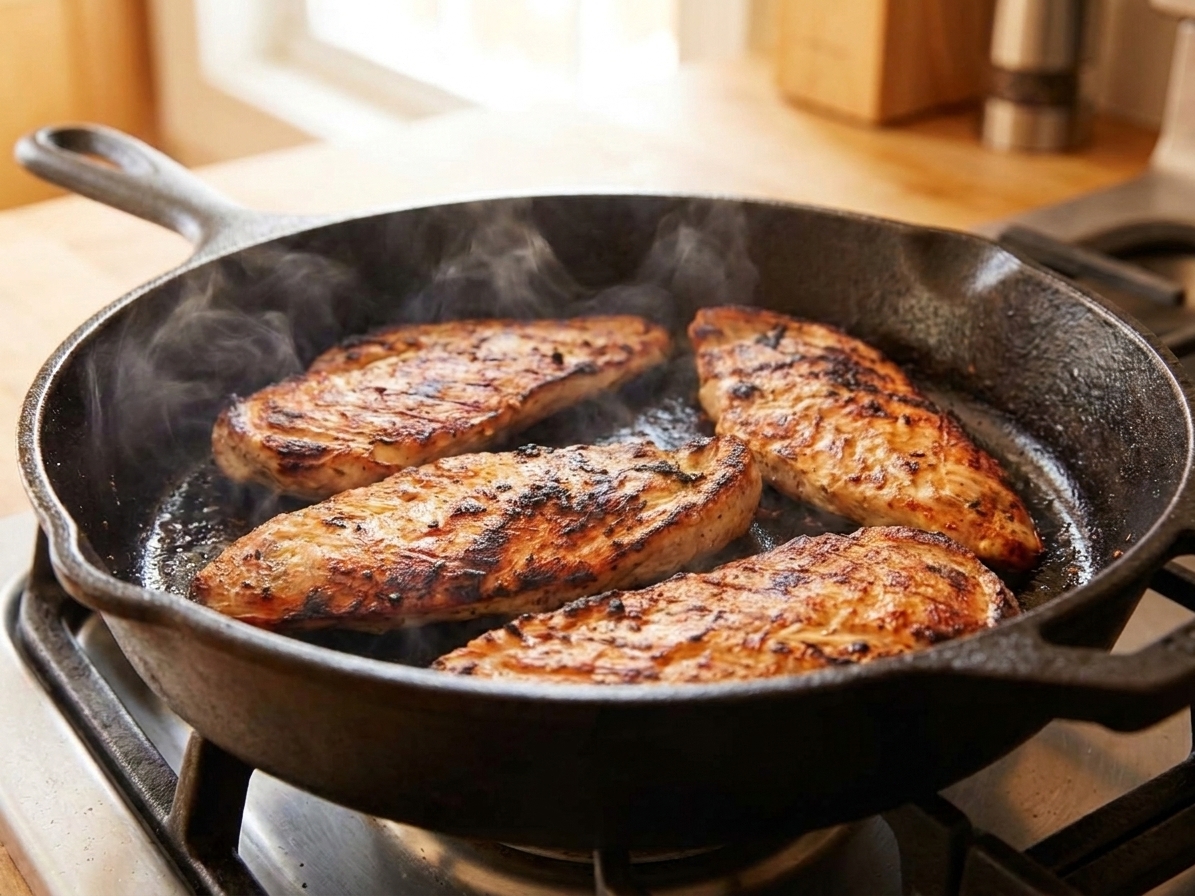 Chicken cutlets searing golden brown in a skillet with a light sheen of oil