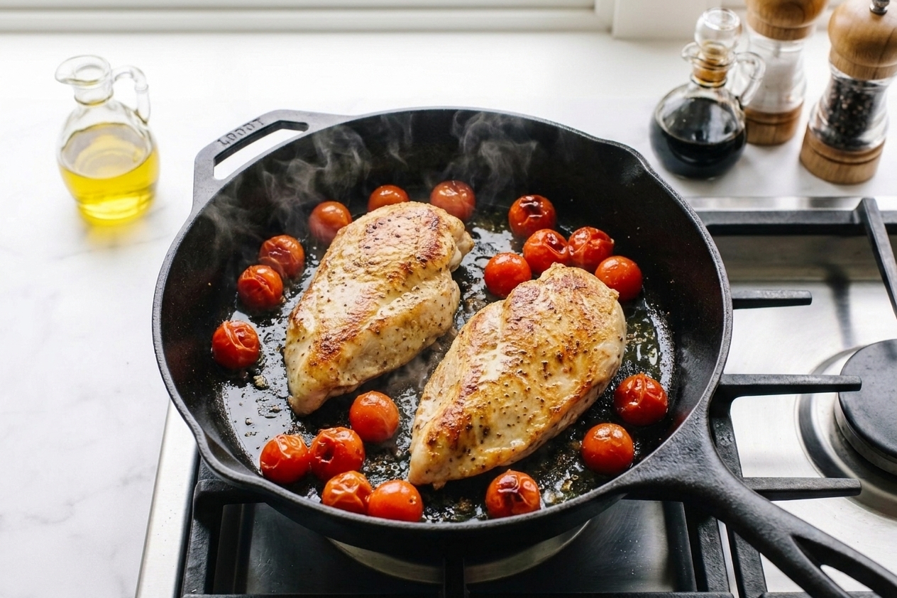 Chicken cutlets searing in a cast iron skillet with cherry tomatoes starting to blister around the edges on a stovetop