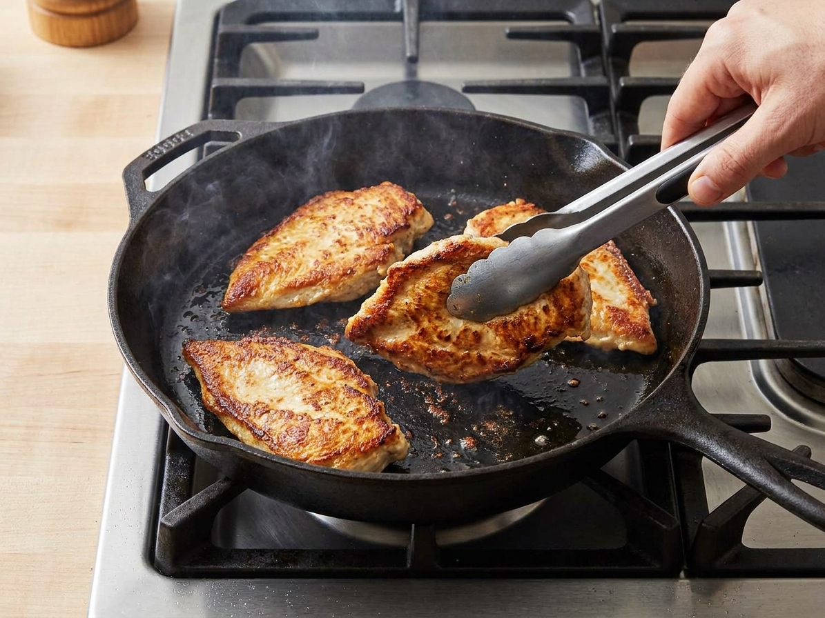 Chicken cutlets searing in a hot skillet with browned edges forming, tongs turning one cutlet on a stovetop