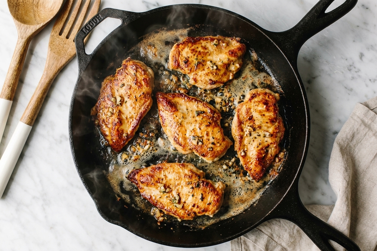 Chicken cutlets searing in a hot skillet with bubbling butter, showing golden browning around the edges