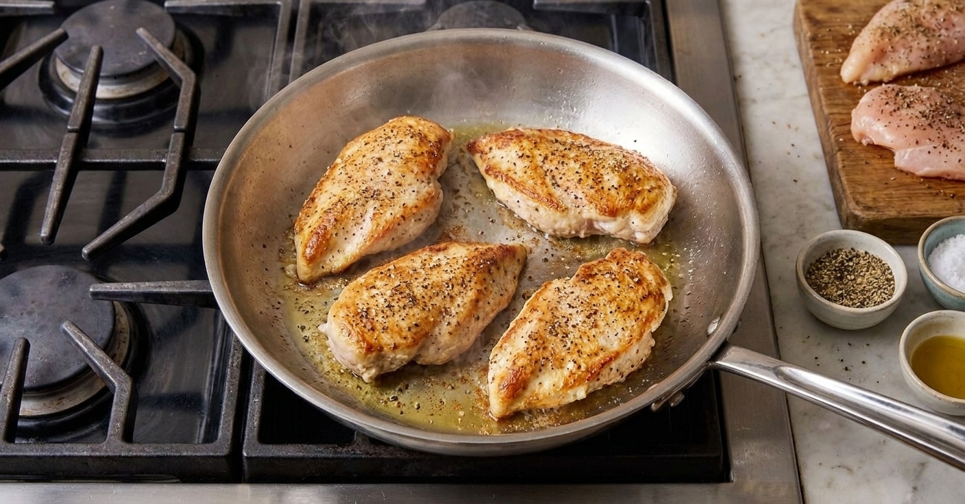 Chicken cutlets searing in a hot skillet with golden brown edges forming, viewed from above on a stovetop