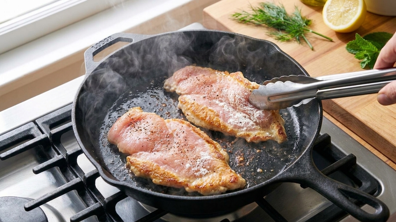 Chicken cutlets searing in a hot skillet with golden browned edges forming