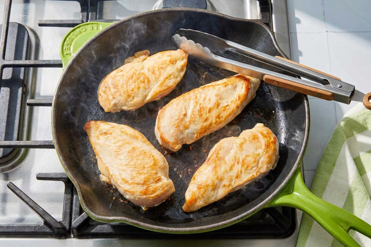 Chicken cutlets searing in a skillet on a stovetop with browned edges forming, a pair of tongs resting on the pan rim