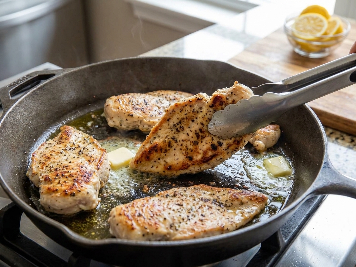 Chicken cutlets searing in a skillet until golden brown on the edges