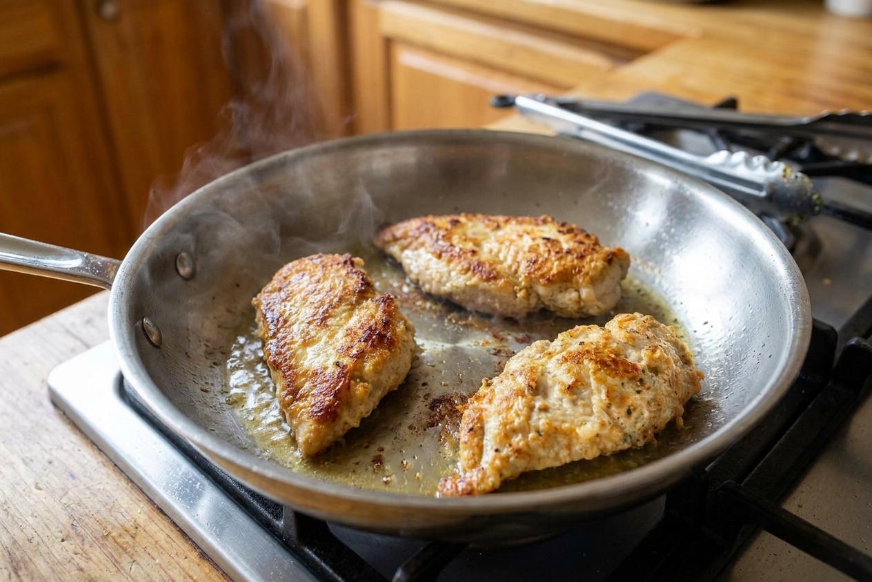 Chicken cutlets searing in a stainless steel skillet with golden brown edges on a home stove