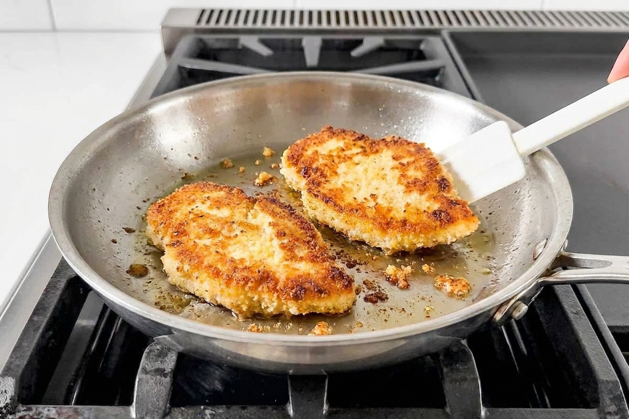 Chicken cutlets searing in a stainless steel skillet with golden brown edges forming, on a stovetop