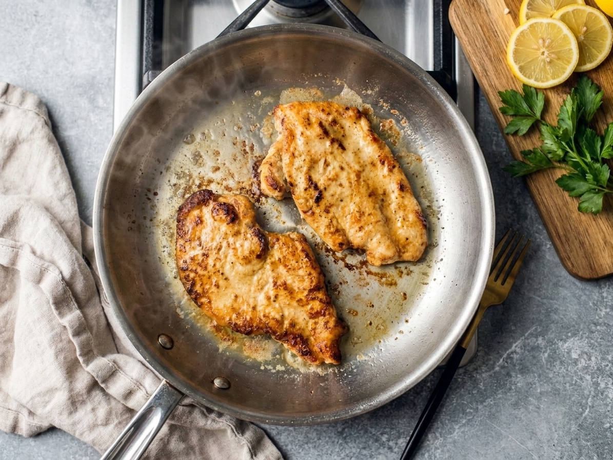 Chicken cutlets searing in a stainless steel skillet with golden browning around the edges on a stovetop