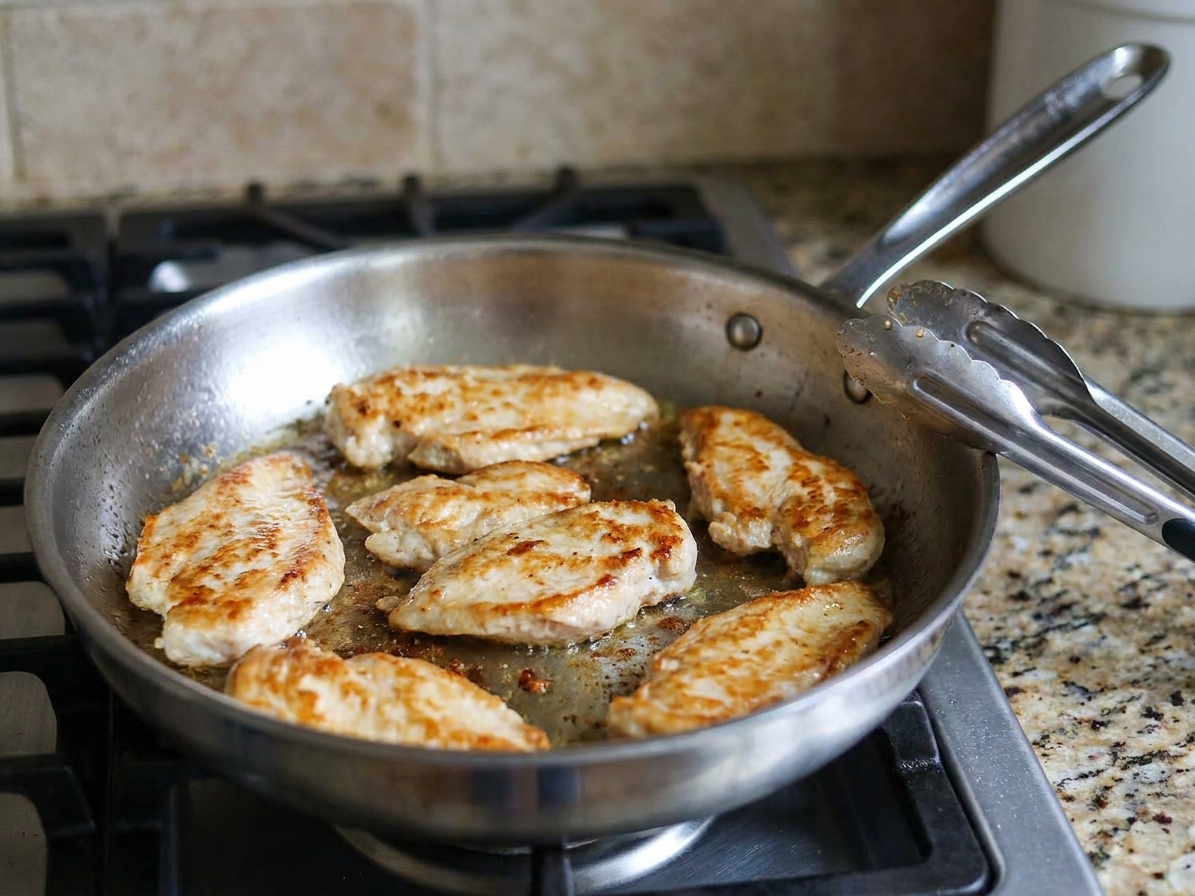 Chicken cutlets searing in a stainless steel skillet with golden brown edges, with a pair of tongs resting on the pan handle