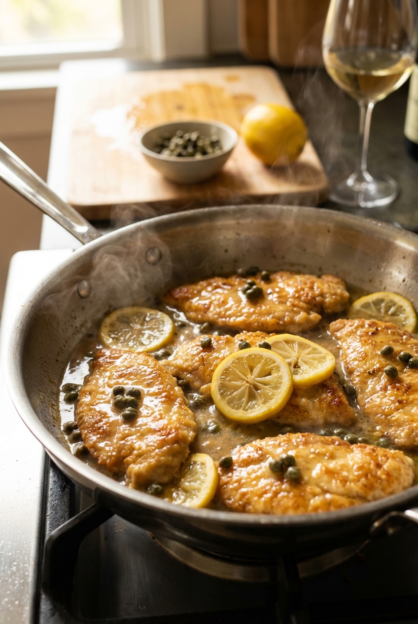 Chicken cutlets simmering briefly in a lemon-butter caper sauce in a stainless-steel skillet