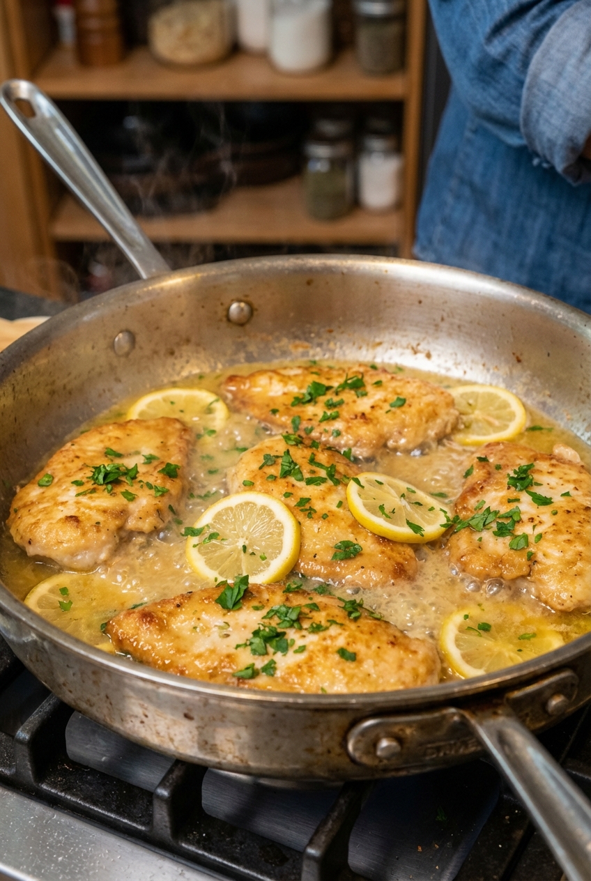Chicken cutlets simmering in a lemon butter sauce in a stainless steel skillet